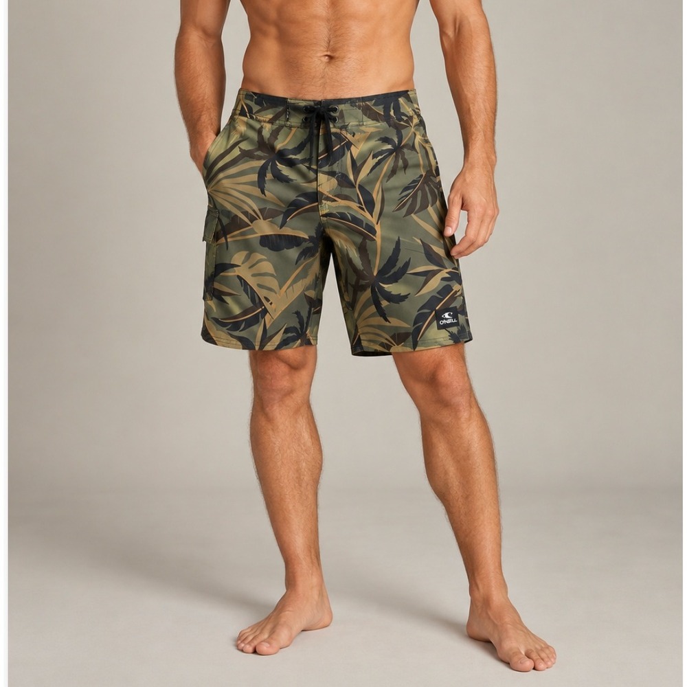 O'Neill Hyperfreak Board Shorts 32 Green Tropical Camo Palm Print Swim Trunks
